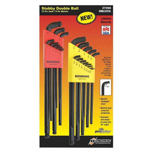 Bondhus Set of 22 Stubby Double Ball End L-Wrenches XL Double Pk 27098 - main